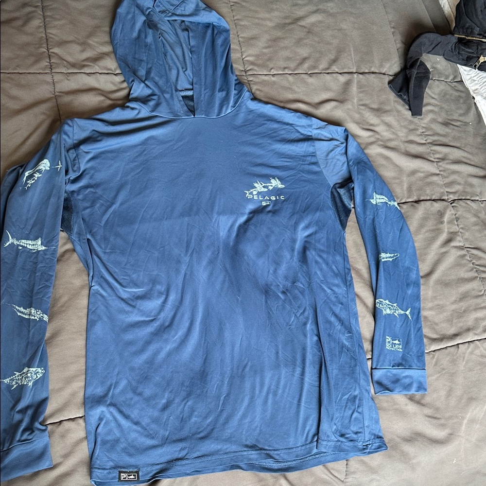 Pelagic Blue Hoodie with Fish Graphics